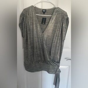 INC International Concepts Shimmering Silver Wrap Blouse
